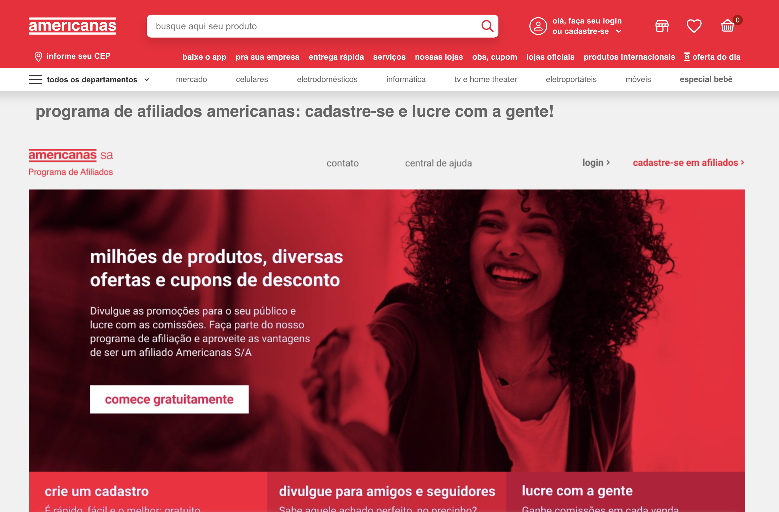 Screenshot do Americanas website