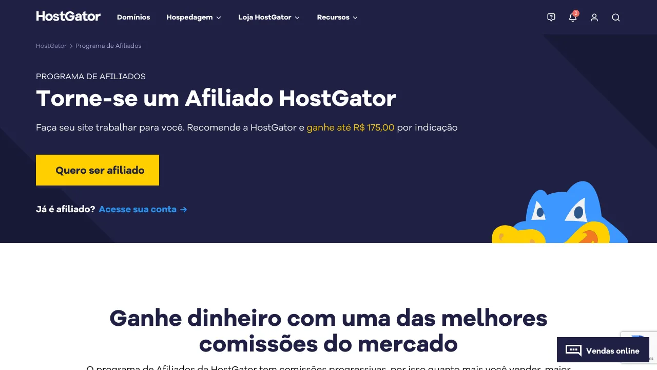 Screenshot do HostGator website