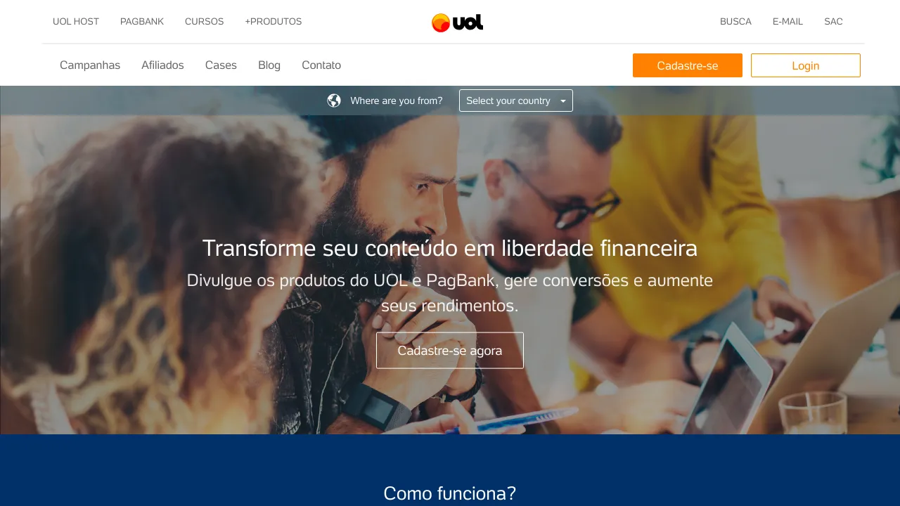 Screenshot do UOL Afiliados website